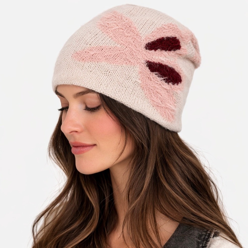 ANTHROPOLOGIE Floral Knit‎ Beanie Hat Cream Women One Size Winter Casual Comfort